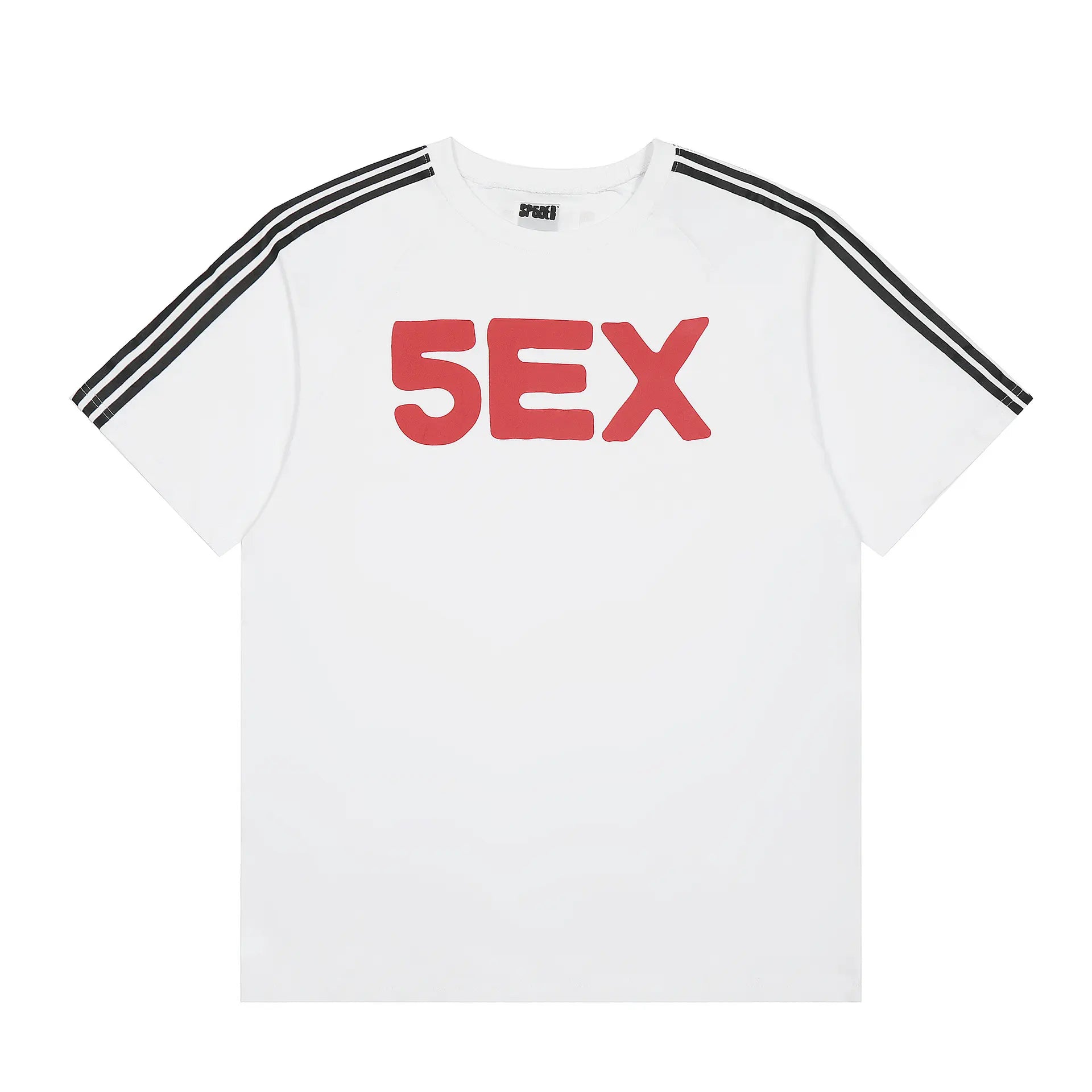 Sp5der white short sleeve t-shirt with red graphic print and black stripe sleeve detail