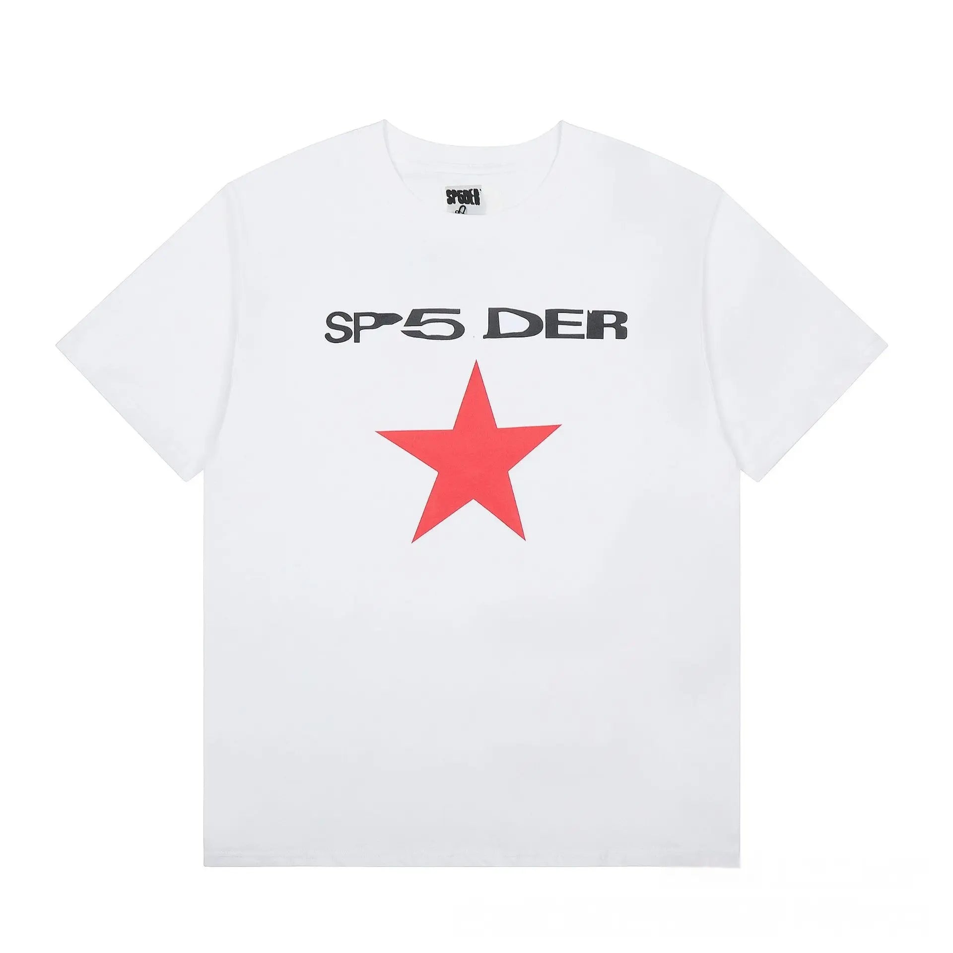 White Sp5der short sleeve t-shirt with bold SP5DER lettering and red star graphic on the front