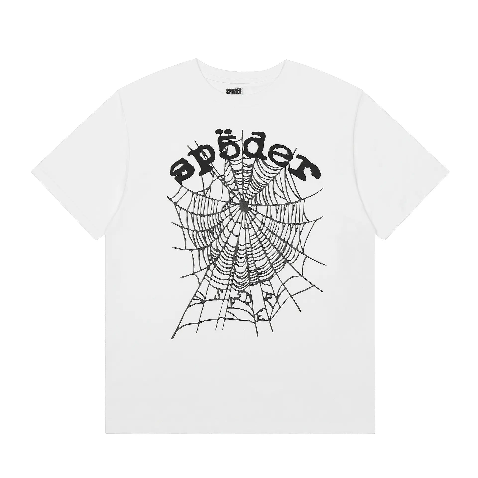 White Sp5der short sleeve t-shirt with large black spider web graphic print and gothic Sp5der lettering on the front