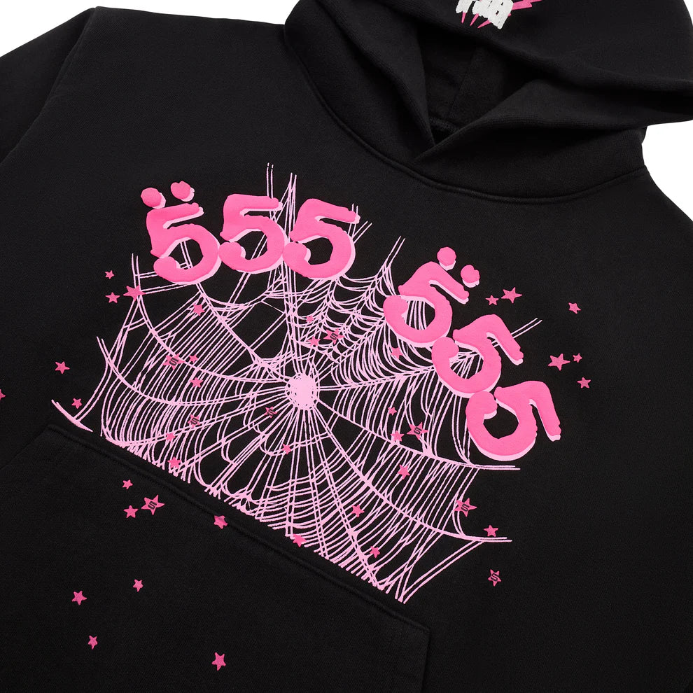 Sp5der 555 Hoodie – Black &amp; Pink Web 440GSM Heavyweight Streetwear Pullover