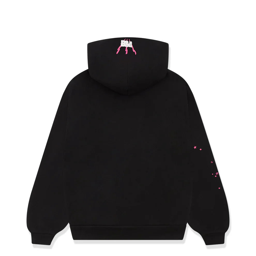 The Sp5der 555 Hoodie – Black & Pink Web 440GSM Heavyweight Streetwear Pullover features a back view with a small white and pink hood design and scattered pink stars on the right sleeve, blending Y2K style with luxury streetwear.