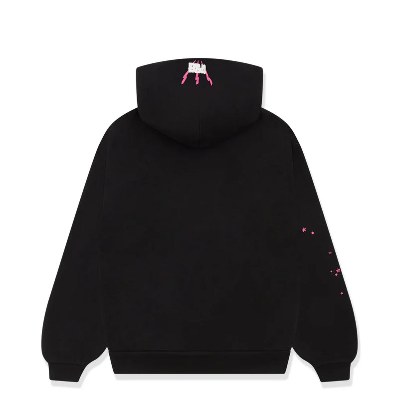 The Sp5der 555 Hoodie – Black & Pink Web 440GSM Heavyweight Streetwear Pullover features a back view with a small white and pink hood design and scattered pink stars on the right sleeve, blending Y2K style with luxury streetwear.
