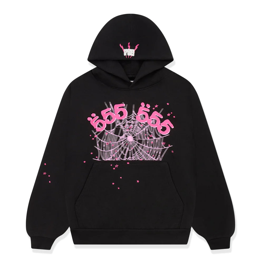Sp5der 555 Hoodie – Black &amp; Pink Web 440GSM Heavyweight Streetwear Pullover