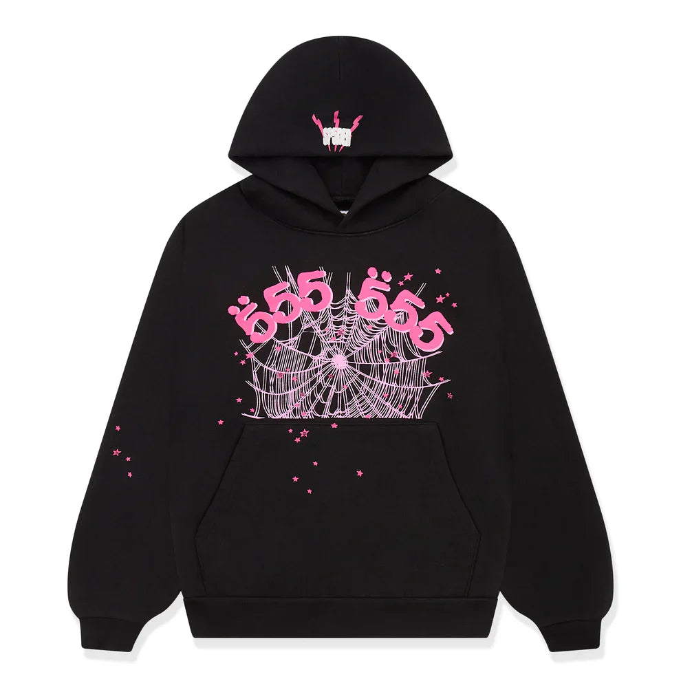 The Sp5der 555 Hoodie – Black & Pink Web 440GSM Heavyweight Streetwear Pullover features a pink spiderweb and 555 chest graphic, pink stars on the right sleeve, and white/pink hood details—a standout for any Y2K or luxury streetwear collection.