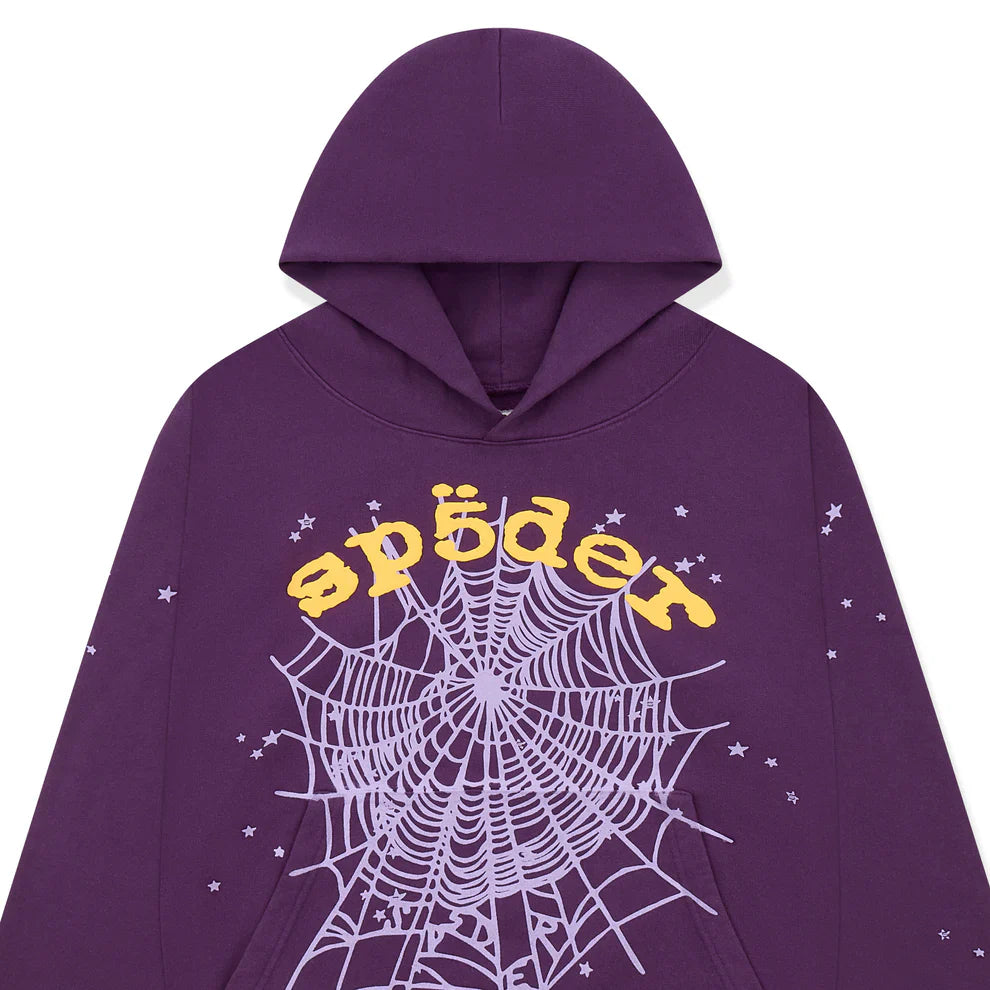 The Sp5der Web Hoodie – Deep Purple & Yellow 440GSM Heavyweight Oversized Streetwear Pullover features a hood, bold yellow “spïder” on the chest, white web graphics, and scattered stars—ideal for luxury streetwear fans.
