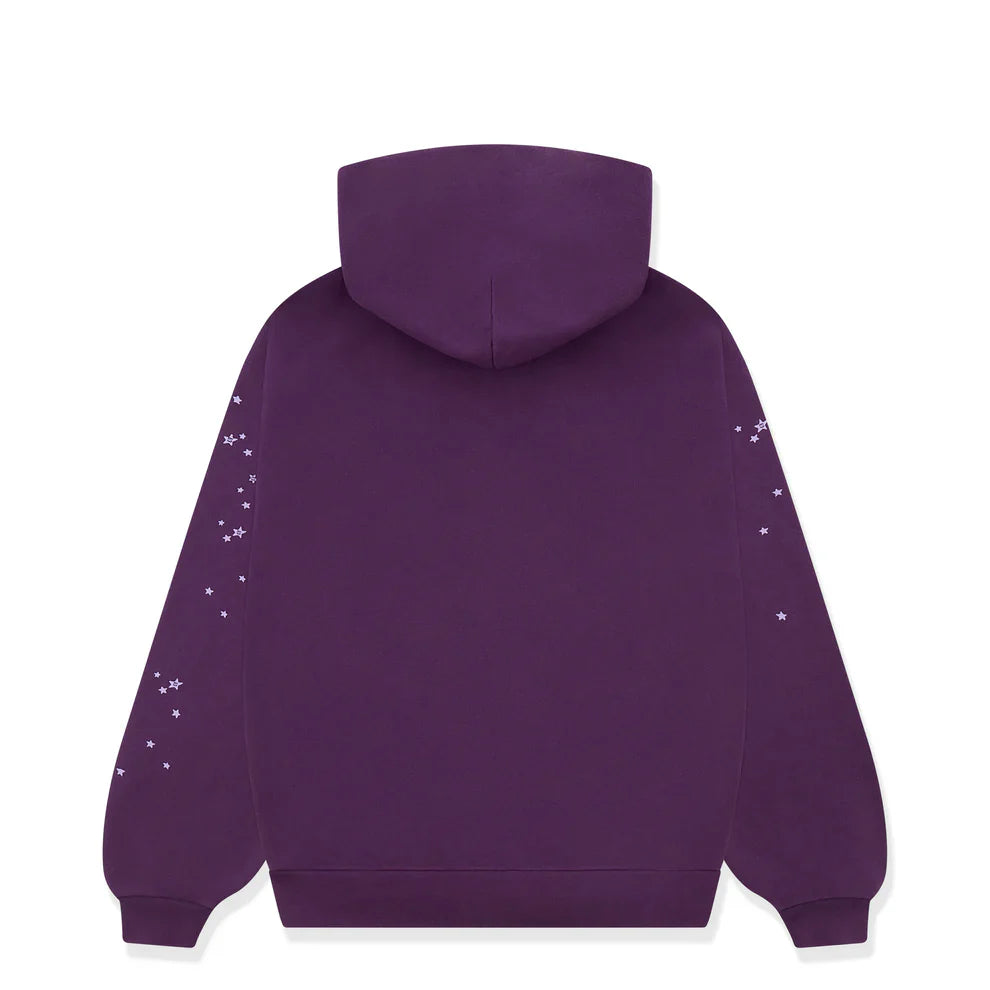The Sp5der Web Hoodie – Deep Purple & Yellow 440GSM Heavyweight Oversized Streetwear Pullover is shown from the back, featuring Y2K-inspired luxury vibes with white star patterns scattered along both sleeves.