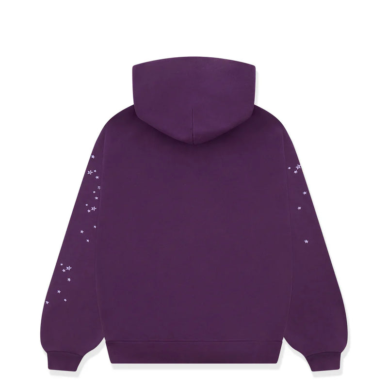 The Sp5der Web Hoodie – Deep Purple & Yellow 440GSM Heavyweight Oversized Streetwear Pullover is shown from the back, featuring Y2K-inspired luxury vibes with white star patterns scattered along both sleeves.