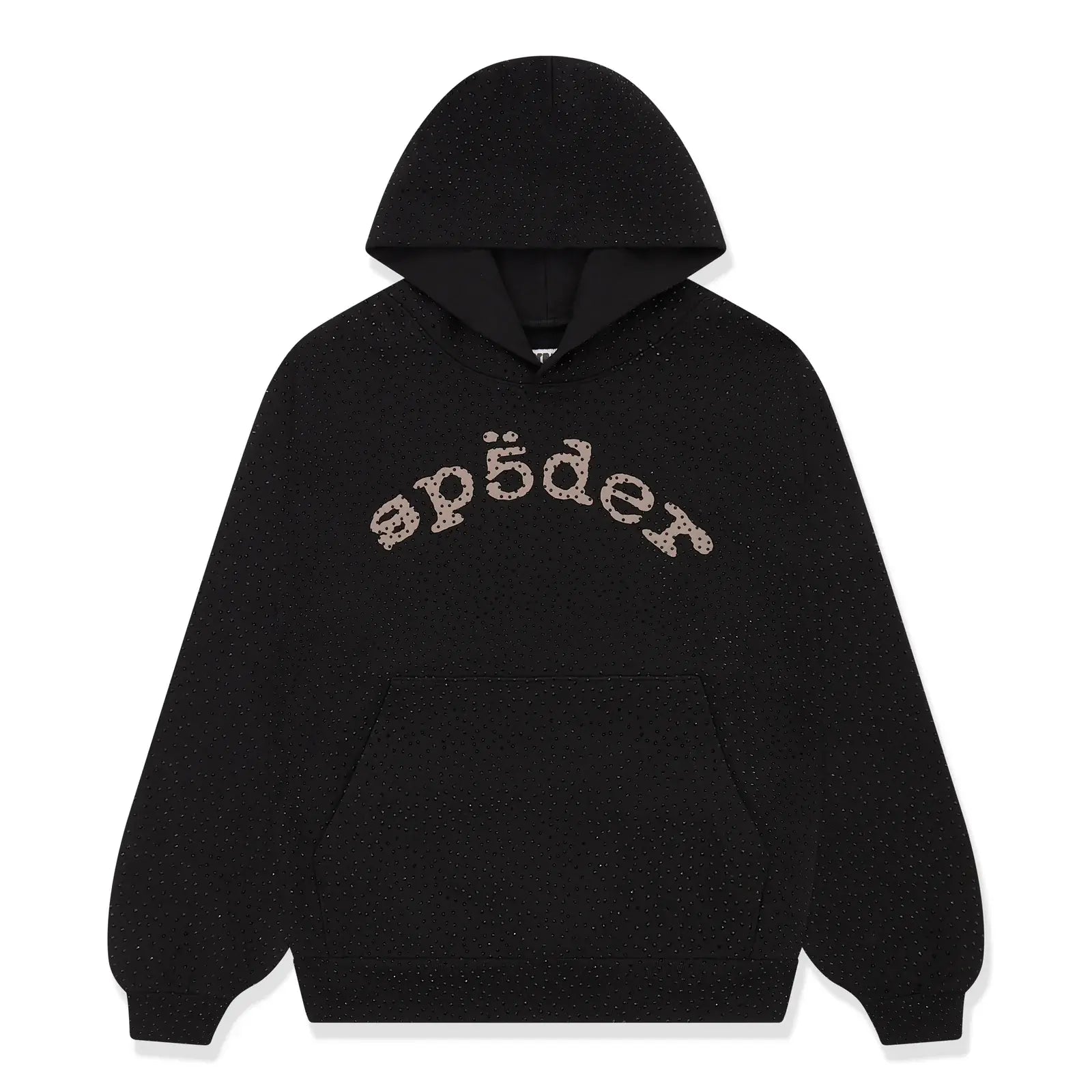 The Black Sp5der Rhinestone Logo VVS Hoodie 440GSM features all-over black crystal rhinestones, a front pocket and hood, and "Sp5der" in beige glittery lettering across the chest for standout style.