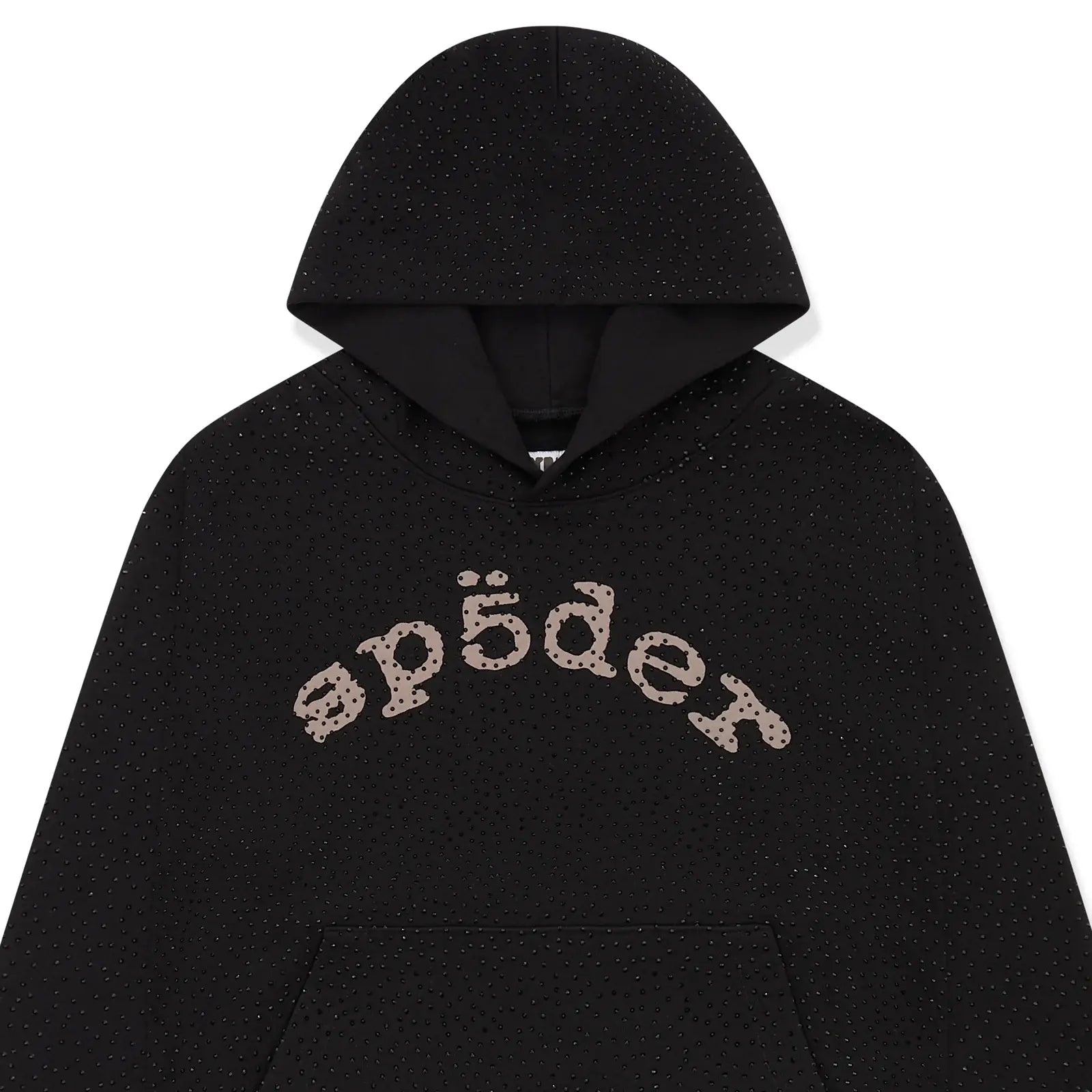 The Black Sp5der Rhinestone Logo VVS Hoodie 440GSM features all-over rhinestones and a hood, with "sp5der" in beige, stylized lowercase letters on the front for a signature black crystal Sp5der VVS look.