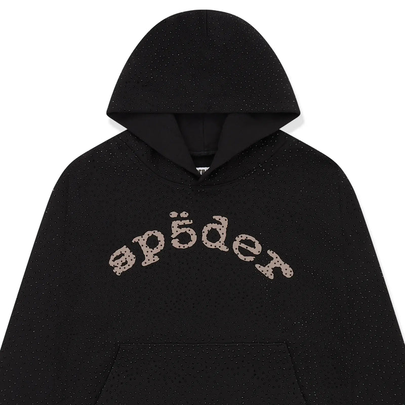 The Black Sp5der Rhinestone Logo VVS Hoodie 440GSM features all-over rhinestones and a hood, with "sp5der" in beige, stylized lowercase letters on the front for a signature black crystal Sp5der VVS look.