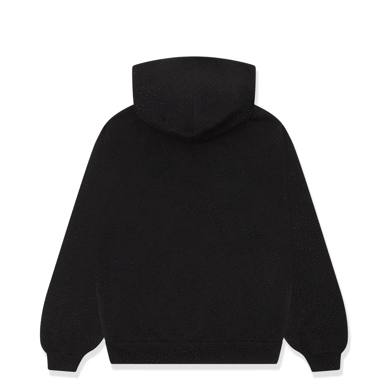 The Black Sp5der Rhinestone Logo VVS Hoodie 440GSM is shown from the back, with long sleeves and an all-over black crystal rhinestone pattern, displayed on a plain white background.