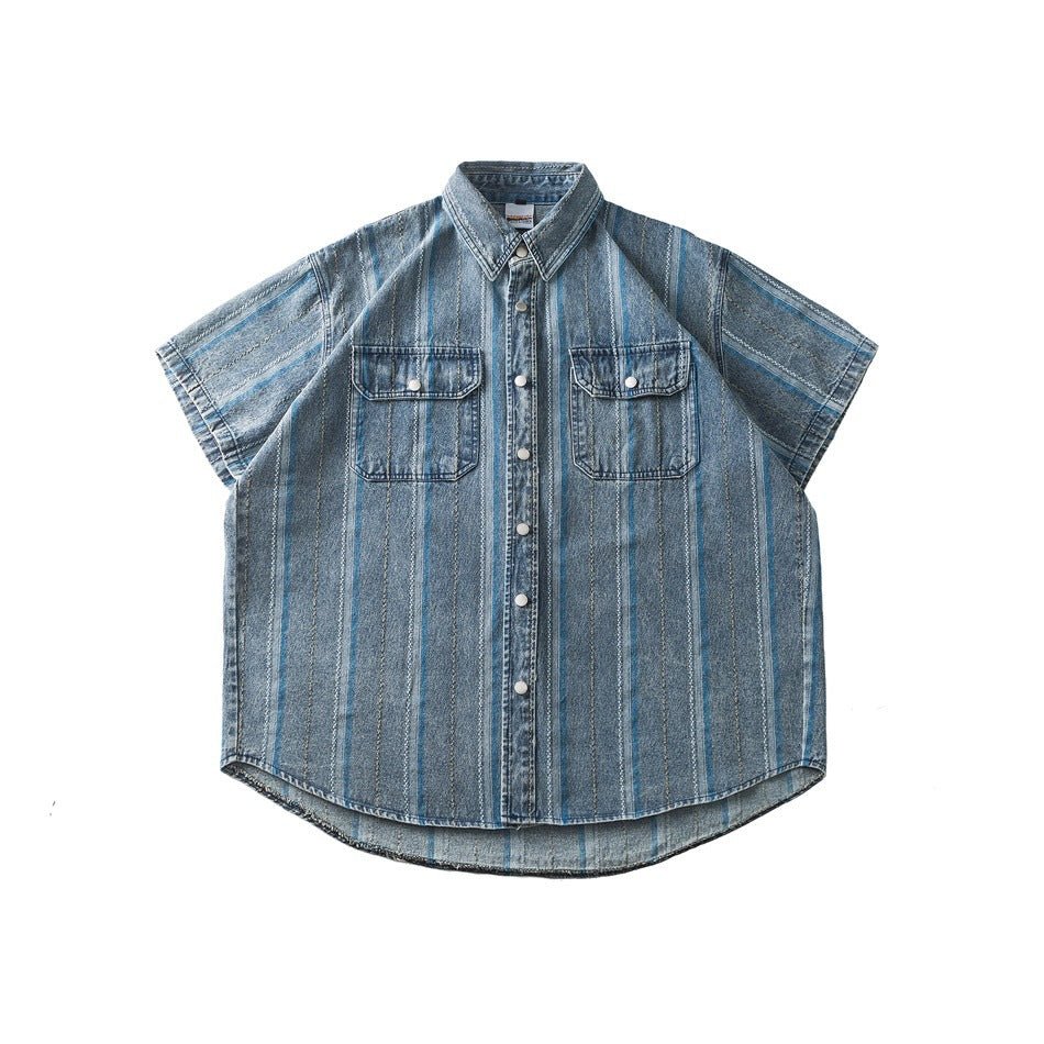 Striped Denim Chambray Shirt on Sale - Men's and Women's Short Sleeve Vintage Style - Seakoff