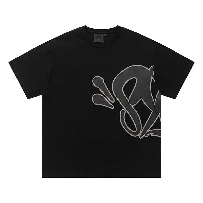 Syna World black cotton T-shirt with grey outline graphic print on the front