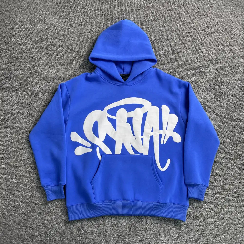 Royal blue Syna World pullover hoodie with white graffiti letter print on the front chest