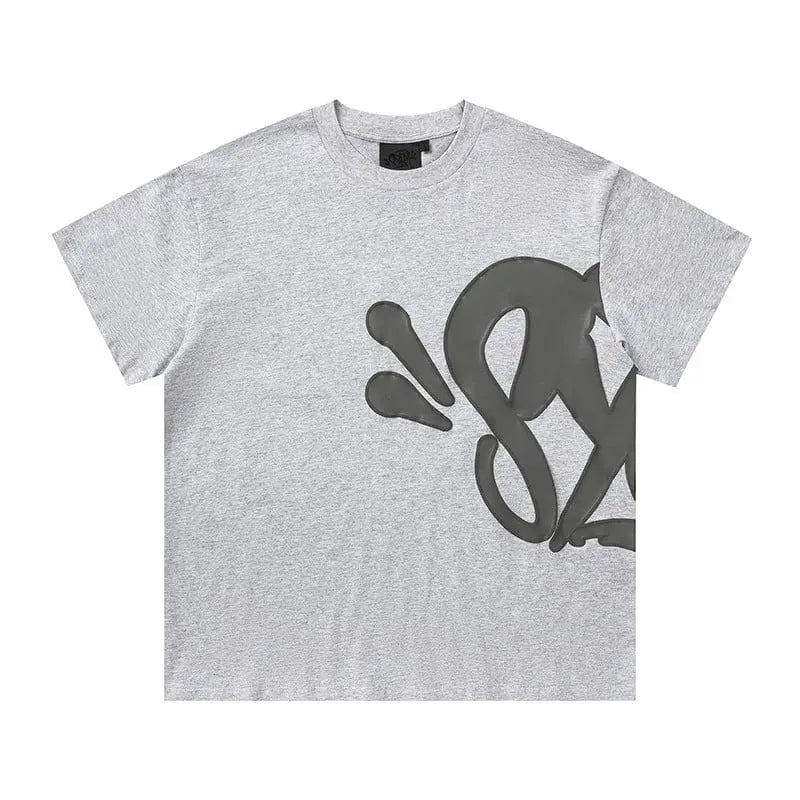 Heather grey Syna World crewneck T-shirt with oversized dark grey letter graphic on the front