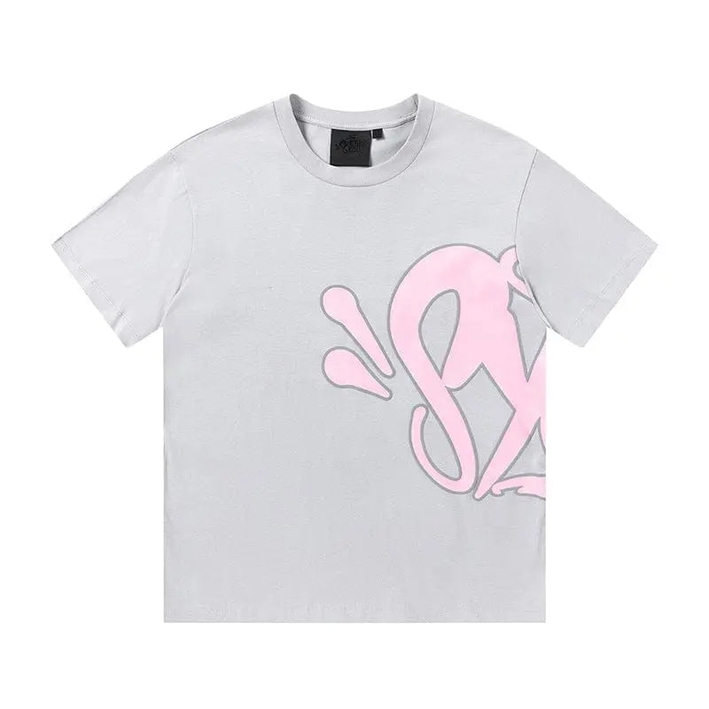 Syna World light grey cotton T-shirt with oversized pink letter graphic print on front