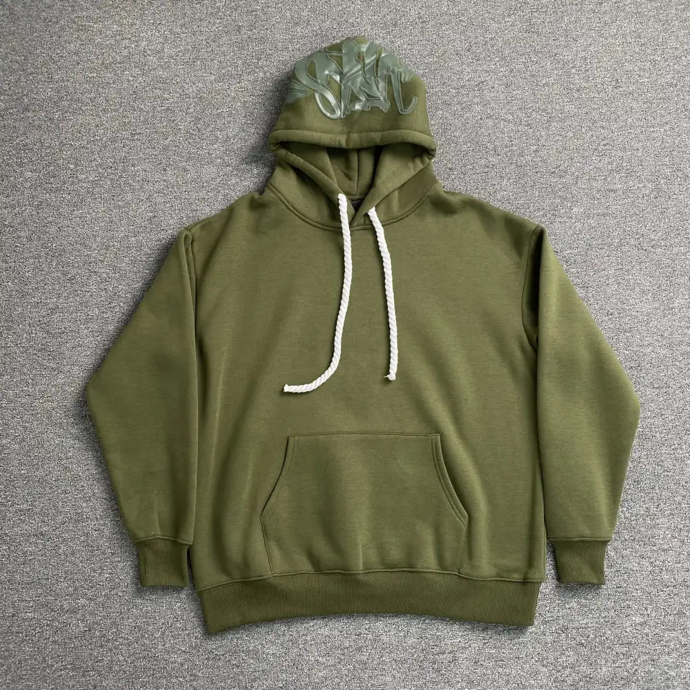 Olive green pullover hoodie with tonal letter print on hood and white drawstring, laid flat