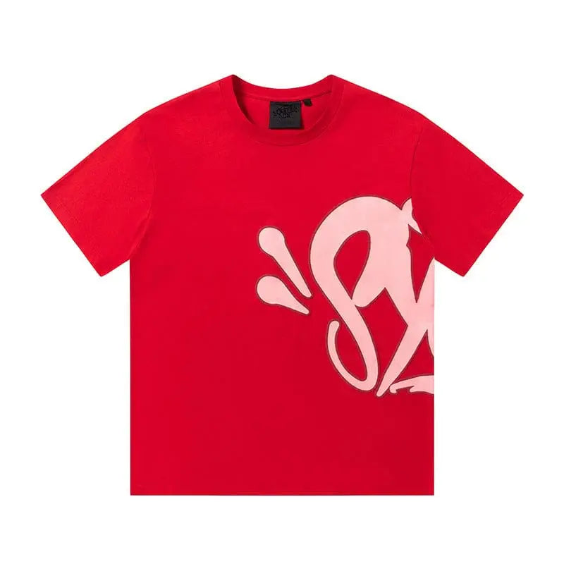 Syna World red cotton T-shirt with pink oversized graffiti letter print on front