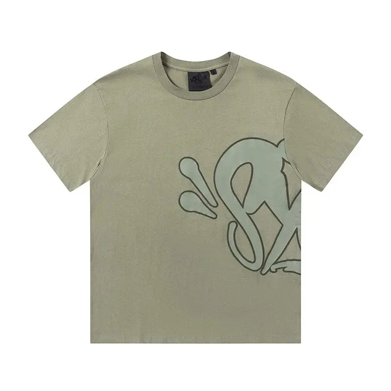 Syna World sage green crew neck T-shirt with oversized tonal letter graphic print on the front
