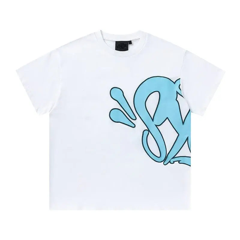 White cotton T-shirt with oversized blue graffiti logo graphic printed on the front