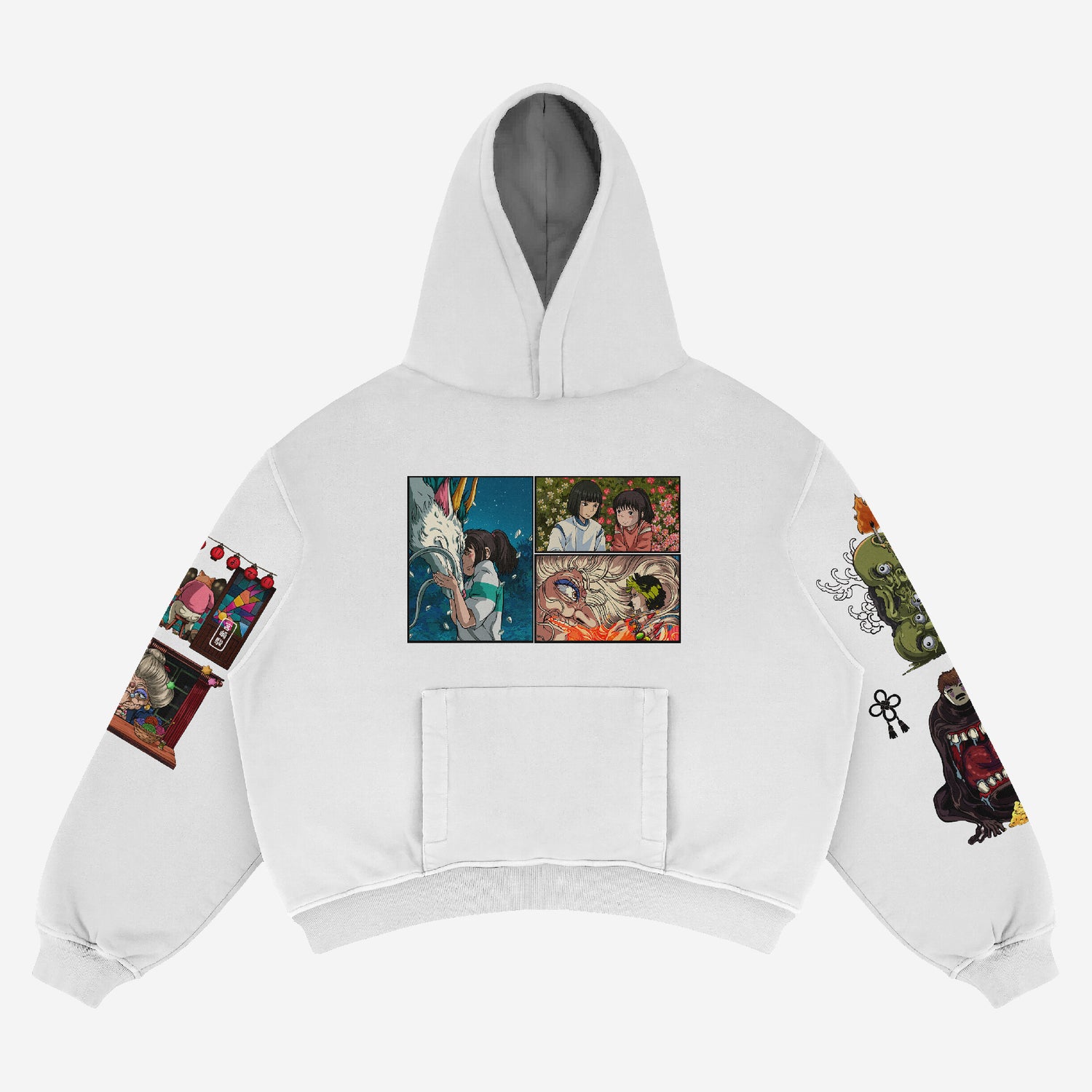 The Spirited Away Anime Hoodie in white 360 GSM cotton features a large front pocket with anime artwork, colorful comic-style illustrations of animals and people including a rabbit on the back and sleeves, and a gray interior hood lining. The design showcases the Haku Dragon &amp; Chihiro scene.