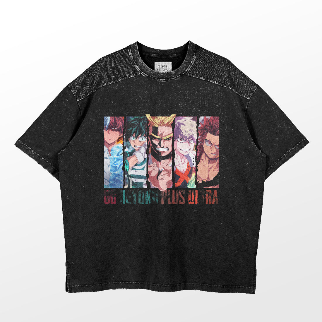 The My Hero Academia Vintage Graphic T-Shirt features five vibrant characters in colorful panels on a washed black oversized tee, epitomizing anime streetwear. Bold &quot;GO BEYOND PLUS ULTRA&quot; text completes this striking design.