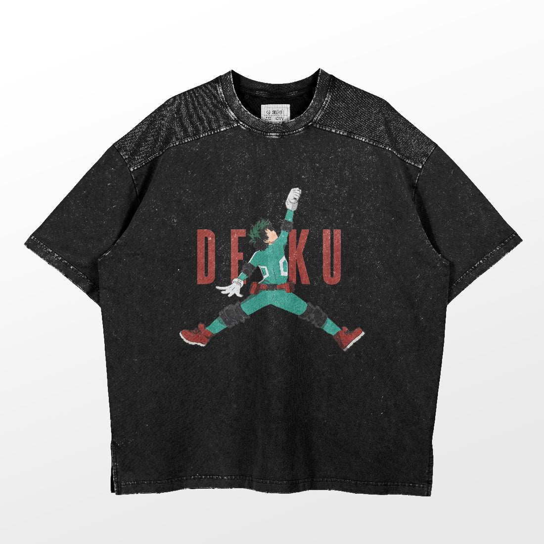 This oversized washed black My Hero Academia T-shirt features a vintage design with DEKU in a dynamic jumping pose, wearing red shoes and green attire, against bold red &quot;DEKU&quot; lettering. The slightly faded look makes it perfect for anime fans seeking casual style.