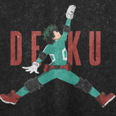 Featuring a green-suited character with green hair, red boots, and handgear jumping with a fist up, this My Hero Academia-Inspired Graphic T-Shirt showcases "DEKU" in red on a dark textured background. Perfect for fans wanting the unique Jumping Deku Vintage Design on an oversized washed black tee.