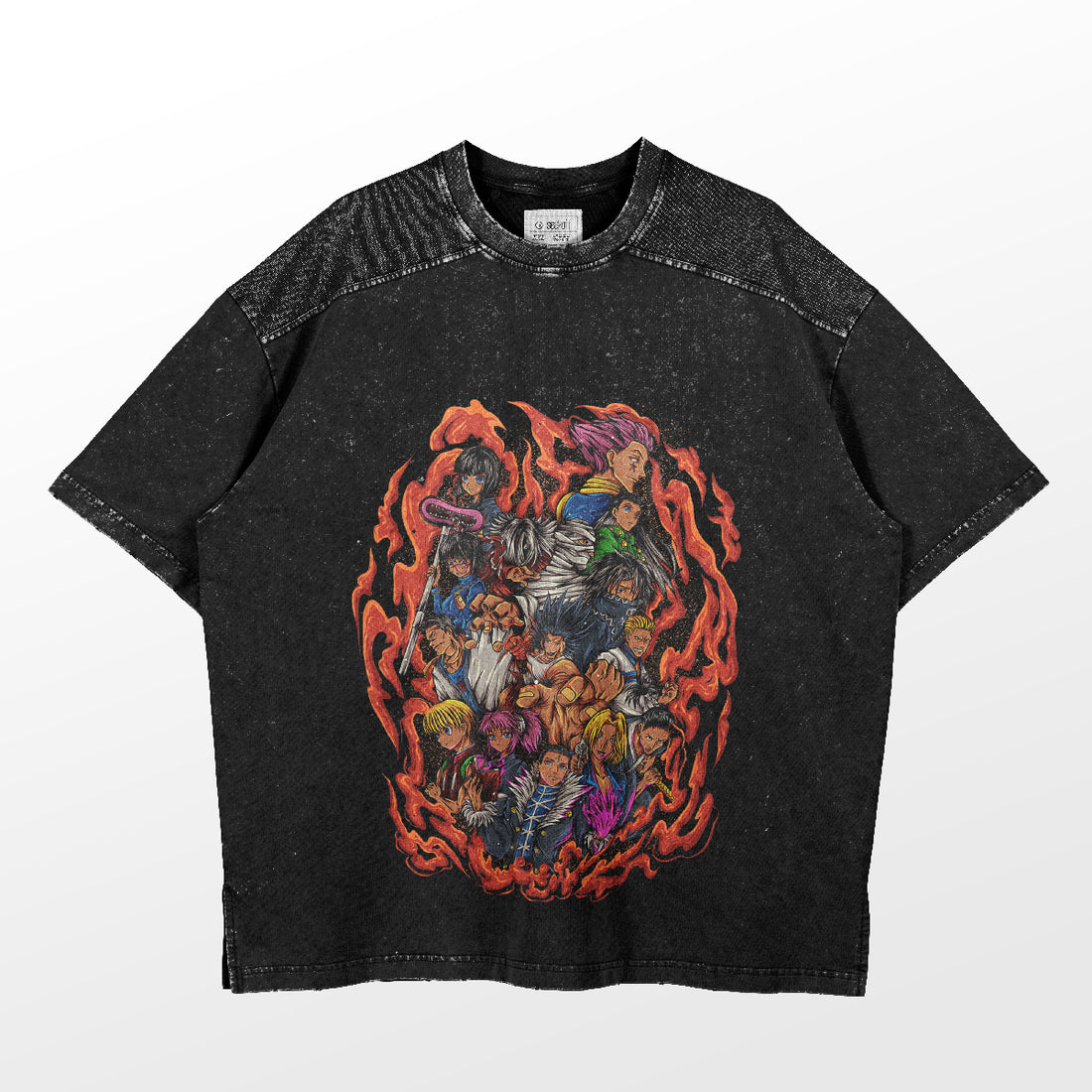 The Hunter × Hunter-inspired washed black oversized tee features all characters in a flame design, making it a vintage streetwear staple. Perfect for anime enthusiasts.