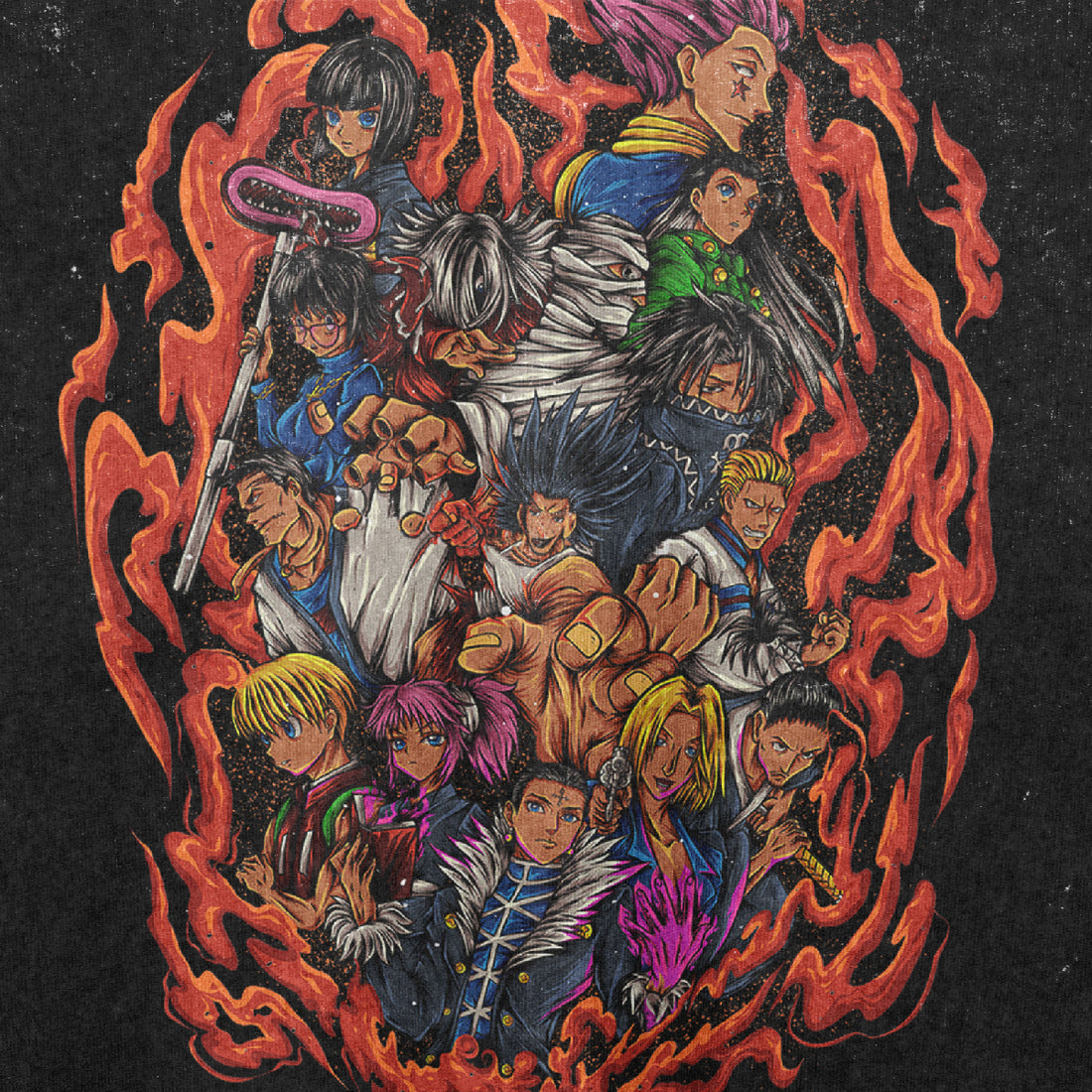 The Hunter x Hunter-Inspired Graphic T-Shirt features an illustration of all characters amidst vibrant orange flames on a dark background. This washed black oversized tee perfectly complements the dynamic and distinctive composition cherished by anime fans.