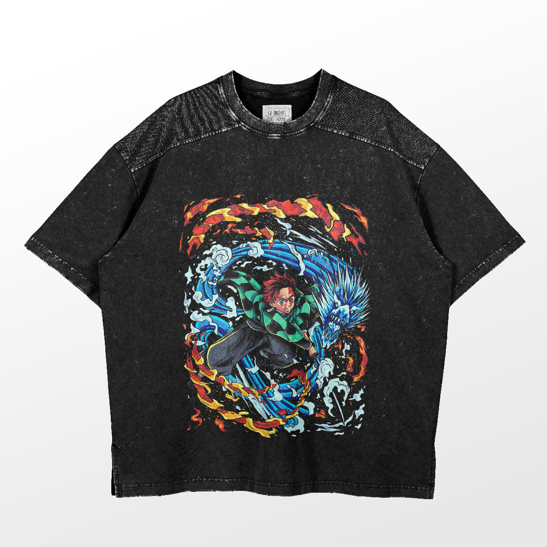 The Demon Slayer-Inspired Graphic T-Shirt features Tanjiro Kamado, showcasing a vibrant Water &amp; Fire Breathing design with red flames and blue waves. This washed black oversized tee adds style with a speckled pattern on the upper section and sleeves, perfect for anime streetwear fans.