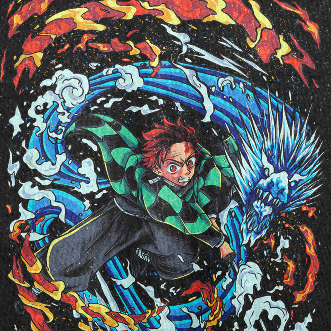 The Demon Slayer-Inspired Graphic T-Shirt in washed black showcases Tanjiro Kamado with red hair in a green checkered outfit wielding a sword, surrounded by a water dragon and engulfed in flames and waves, highlighting the Water &amp; Fire Breathing design.