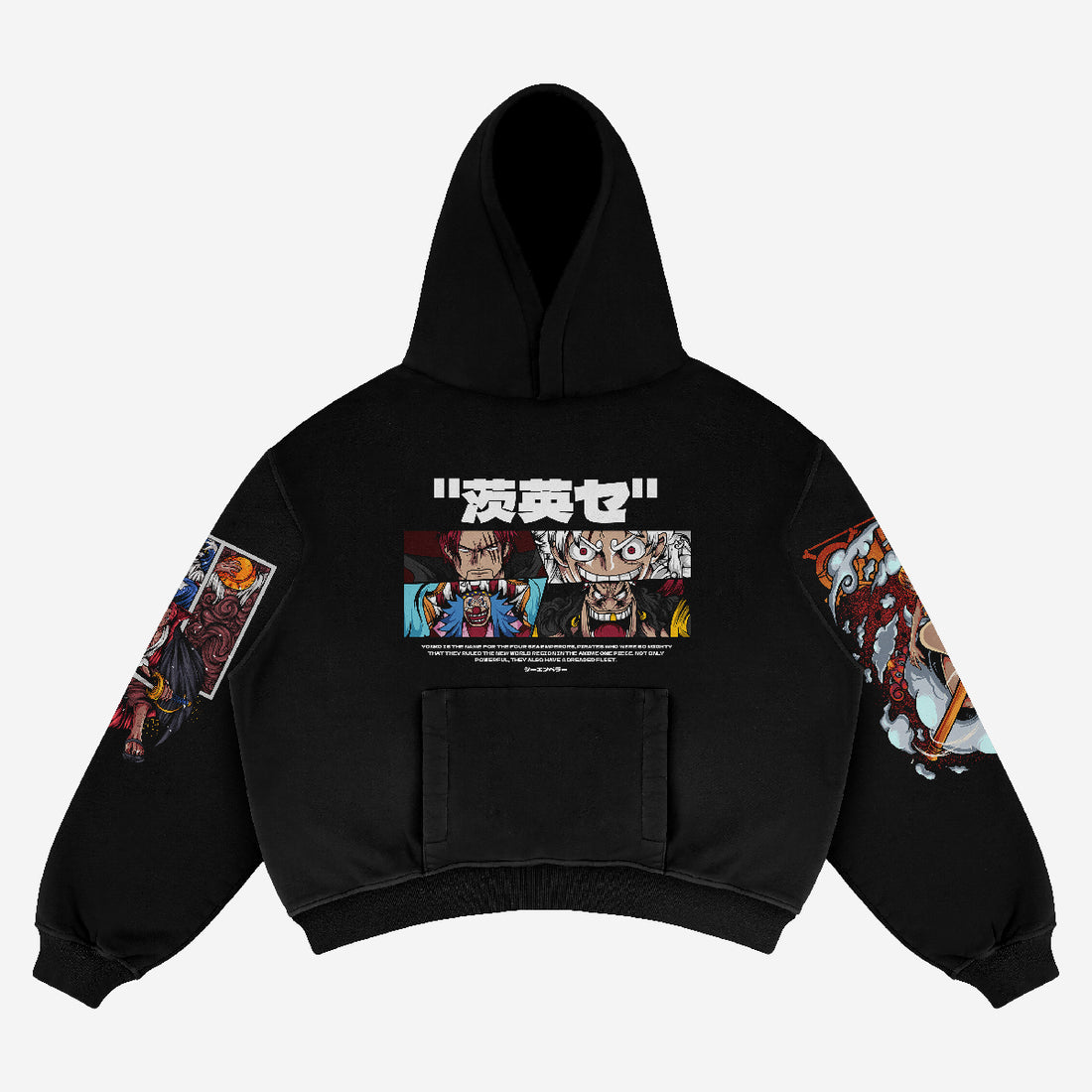 The Seakoff One Piece Hoodie, an anime graphic pullover, showcases vibrant streetwear designs with Uta and Luffy artwork. Made from 360 GSM cotton, it features three illustrated panels with Japanese text on the back and unique sleeve art, making it a stylish addition to any fan&