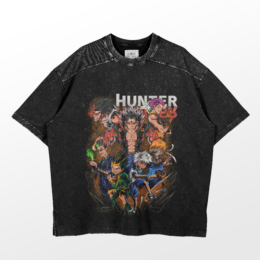 The Hunter × Hunter-Inspired Graphic T-Shirt features an iconic character ensemble design on a washed black oversized tee. Ideal for anime conventions, its vibrant graphics stand out against the light gray background, making it a must-have piece.