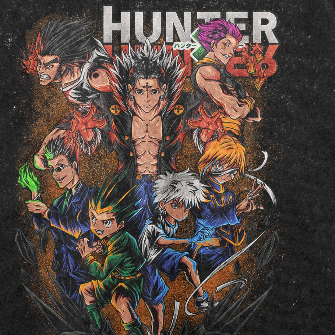 Showcasing Hunter x Hunter characters in dynamic poses and unique outfits, this iconic ensemble design makes for a perfect graphic T-shirt. The title stands out against a dark, textured background on this washed black oversized tee by Hunter × Hunter.