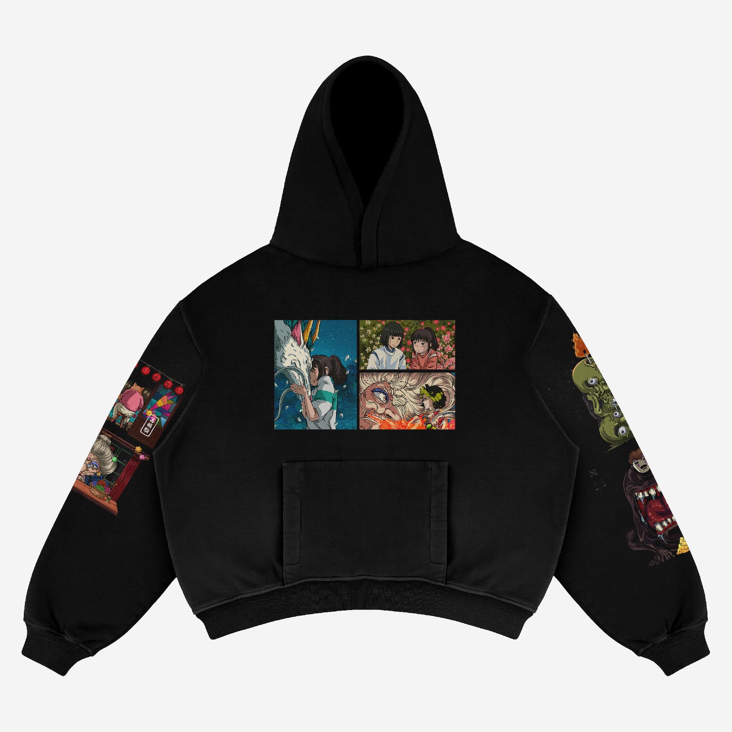 The Spirited Away Anime Hoodie in white 360 GSM cotton features Haku Dragon and Chihiro scene on the back with colorful anime collage, plus vibrant sleeve designs including a green character and red-lipped figure. From the brand Spirited Away, this oversized streetwear piece exudes graphic art flair.