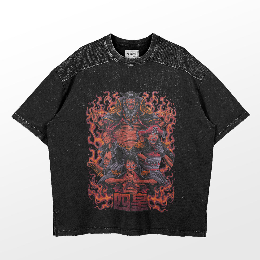 The Seakoff One Piece-Inspired Graphic T-Shirt features an oversized washed black fit with a fantasy-themed design. Illustrated characters surrounded by flames adorn the tee, featuring a Yonko-like figure in a cloak. It also includes red symbols at the bottom and a textured neckline pattern.