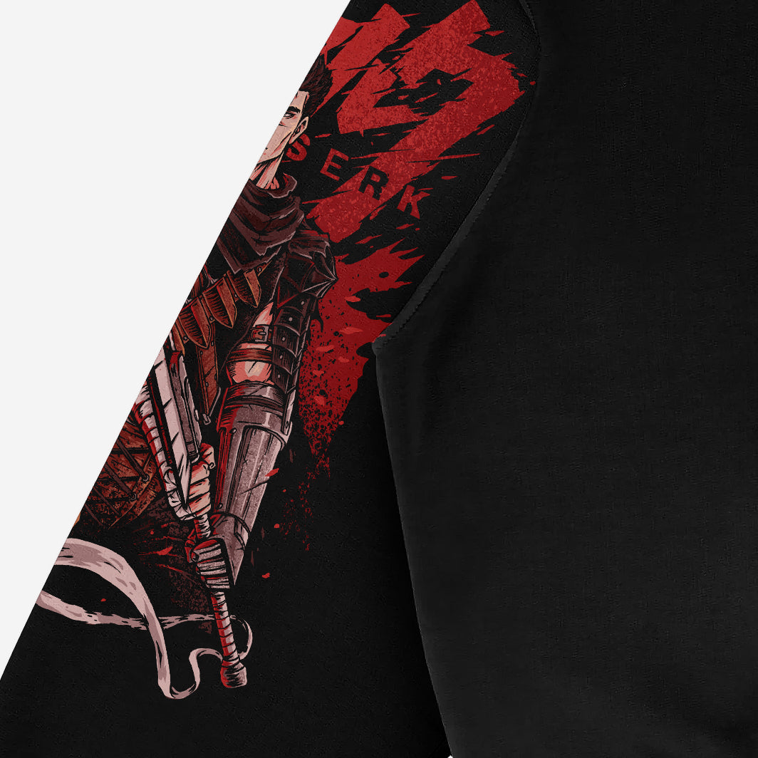 This black Berserk Anime Hoodie features a sleeve design with an armored character holding a sword against a red background. Titled &quot;Berserk,&quot; it&