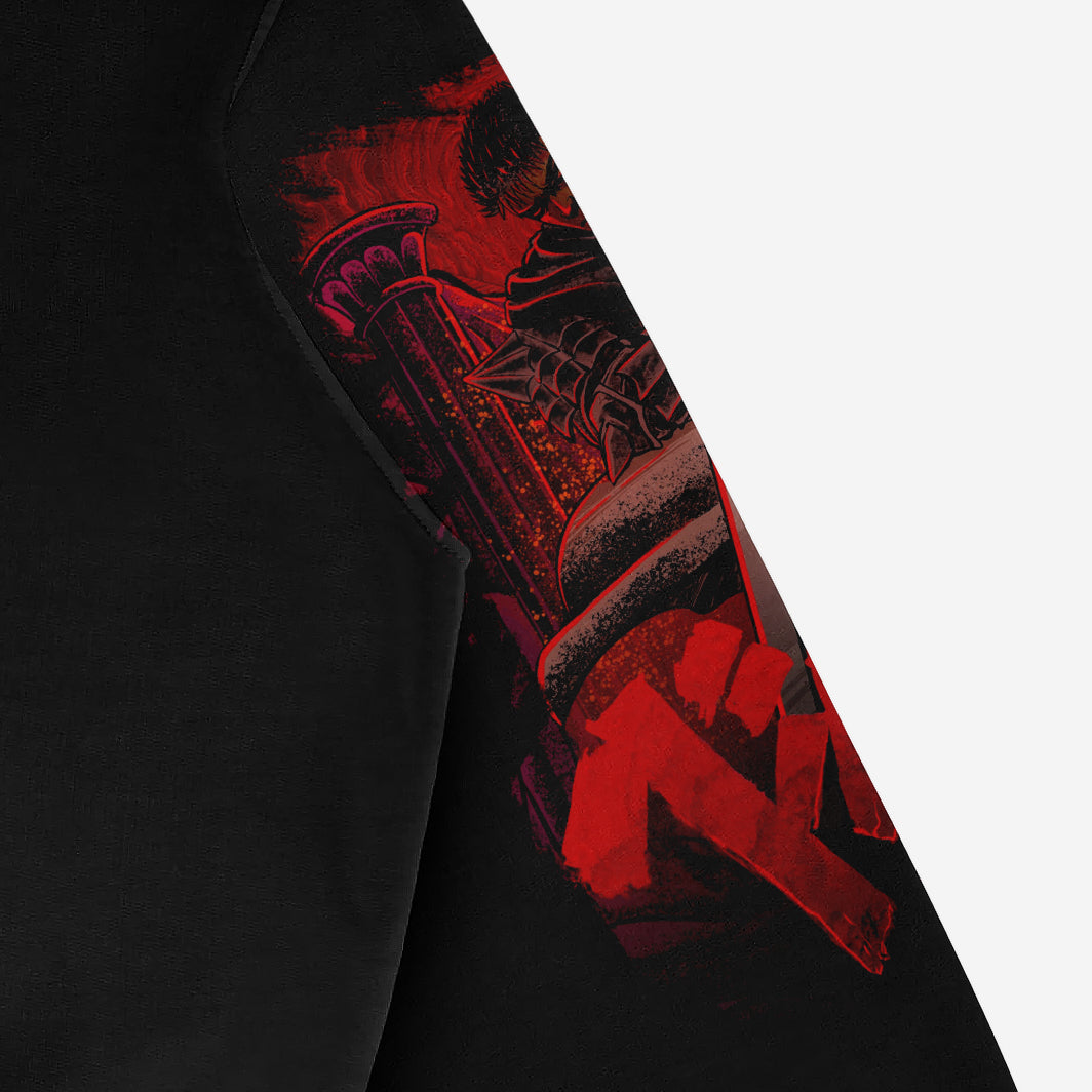 A close-up of the Berserk Anime Hoodie – Guts Graphic Design, showcasing a dramatic red and black graphic with abstract elements and columns on a dark black sleeve. This oversized hoodie is ideal for anime fan apparel enthusiasts seeking mysterious streetwear style.