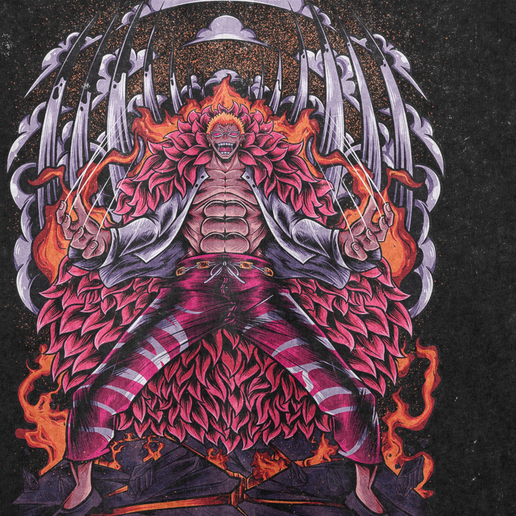 A One Piece-inspired Seakoff tee features a stylized Donquixote Doflamingo &quot;Heavenly Demon&quot; design. The washed black oversized shirt captures a muscular, fiery-haired man with blazing swords, surrounded by flames and abstract elements.