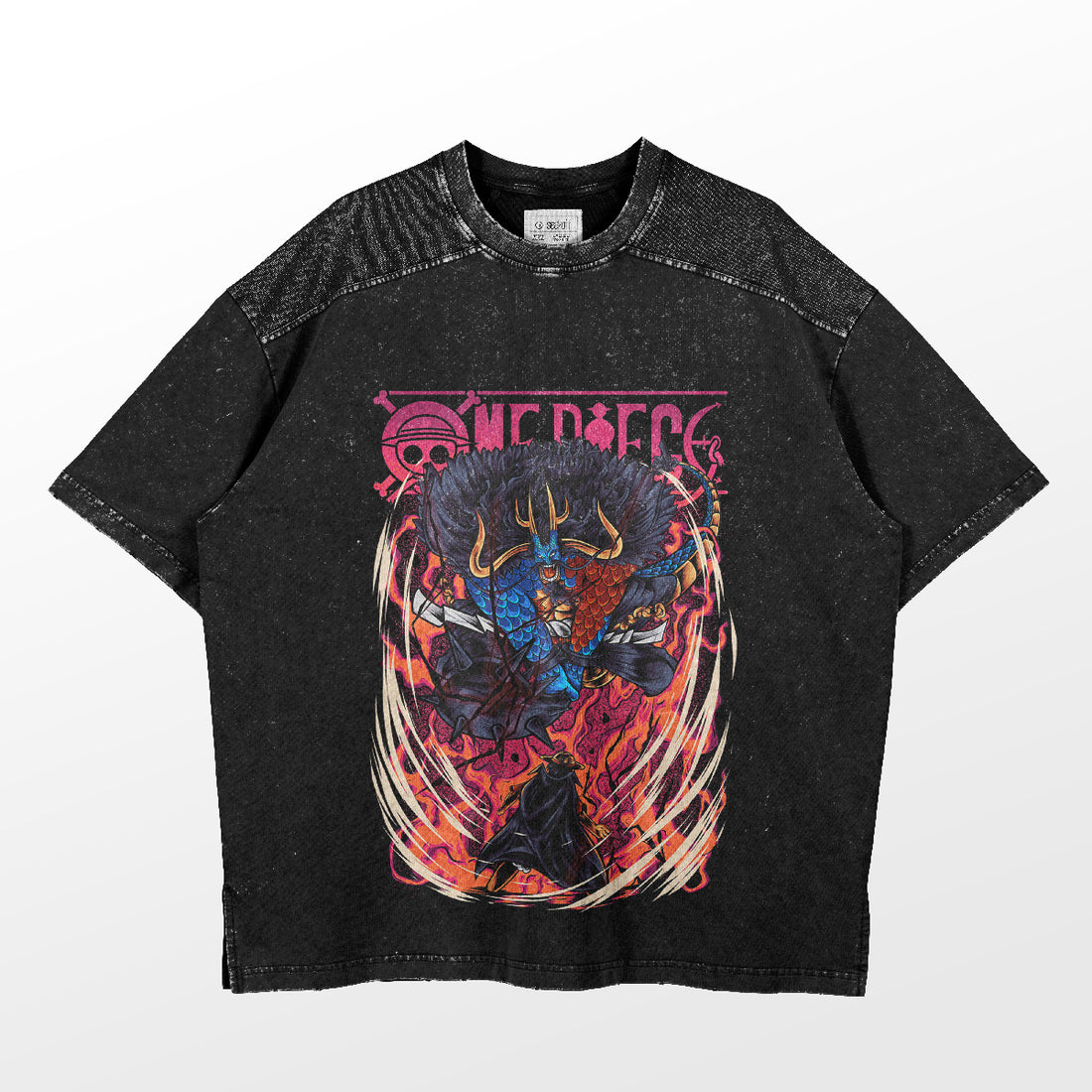 The Seakoff &quot;Emperor’s Clash&quot; Washed Black One Piece T-shirt showcases a vibrant Kaido vs. Luffy graphic amid swirling fire and smoke, topped with stylized text for an anime streetwear vibe.