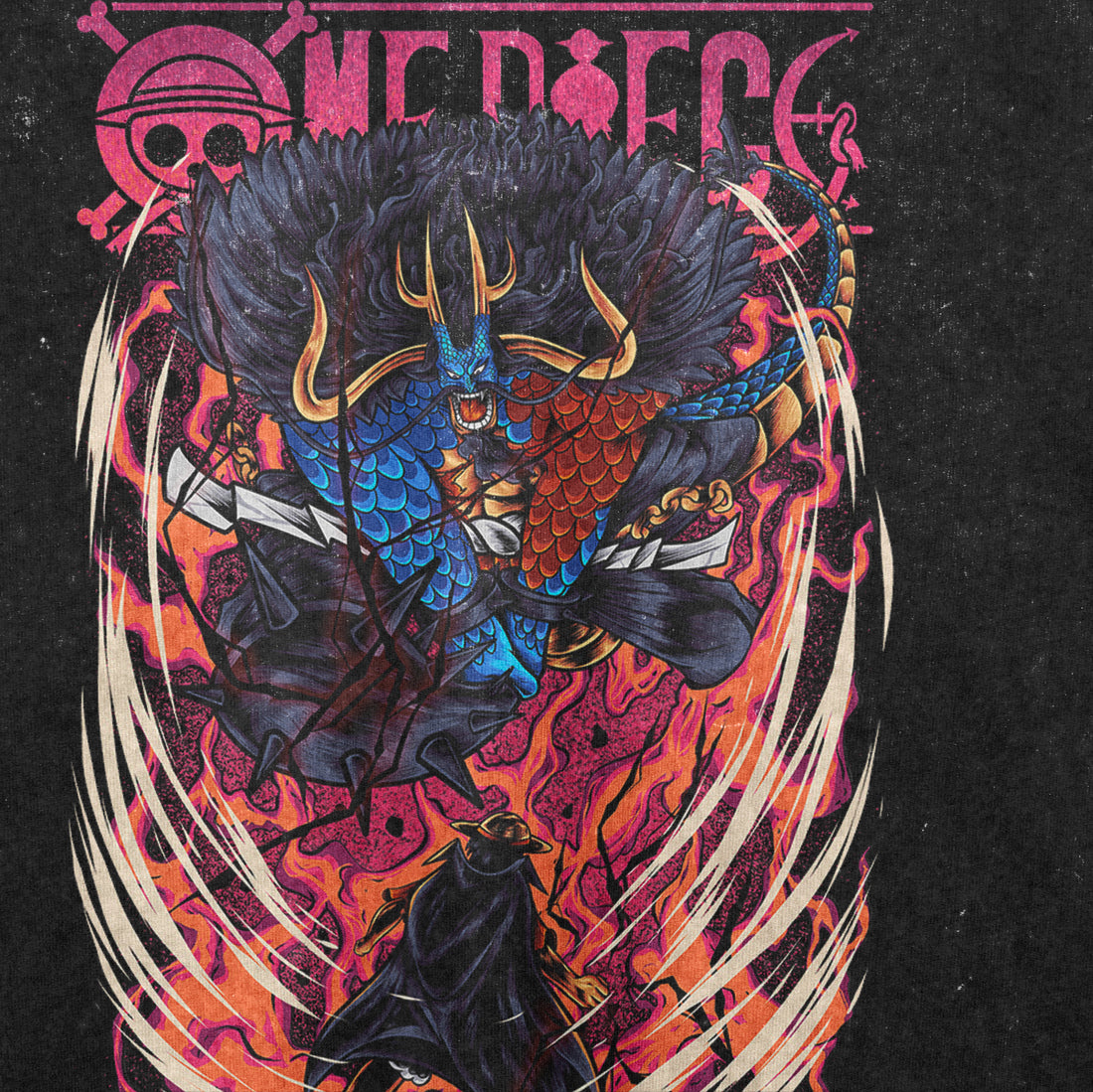 An illustration of a blue and red dragon entwined dramatically amid swirling flames and energy overlooks a cloaked figure. &quot;Kaido vs. Luffy&quot; in bold tops this vibrant One Piece-inspired T-shirt design: the Seakoff One Piece Graphic Tee – Kaido vs. Luffy &quot;Emperor’s Clash,&quot; in washed black, oversized fit.