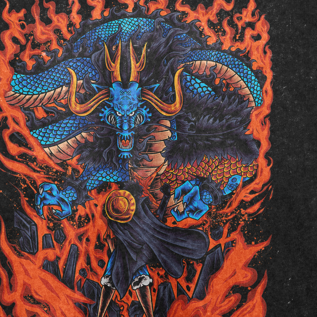 The Seakoff One Piece-Inspired Graphic T-Shirt features a fierce blue dragon with horns and red accents, surrounded by flames. A cloaked figure with a sword confronts it against a fiery background, embodying anime streetwear on this washed black oversized tee called &quot;King of Beasts&quot; - Kaido Dragon Form Design.