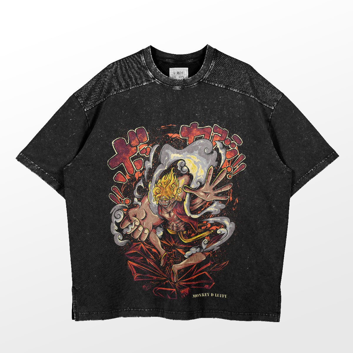 Von One Piece inspiriertes Grafik-T-Shirt – Monkey D. Luffy Gear Fifth „Sun God“-Design, verwaschenes schwarzes Oversized-T-Shirt