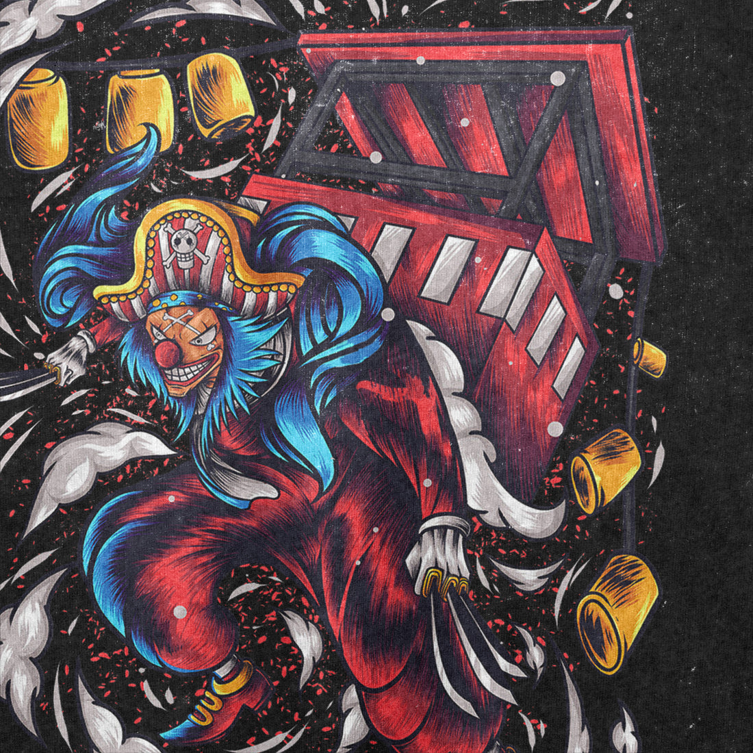 The Seakoff One Piece-Inspired Graphic T-Shirt showcases a &quot;Pirate King’s Mischief&quot; design, portraying Buggy the Clown in a red pirate outfit, grand hat, and blue hair with clawed hands and a mischievous grin set amidst swirling patterns and gold coins against a wooden structure.