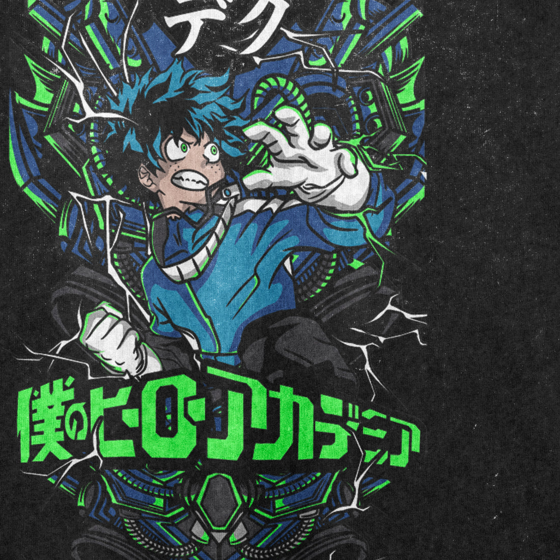 The My Hero Academia-Inspired Graphic T-Shirt features Izuku Midoriya with green hair and a blue outfit, surrounded by electric effects and mechanical designs. This oversized washed black tee combines vintage streetwear vibes with Japanese text, capturing the &quot;One For All Power Surge&quot; theme.