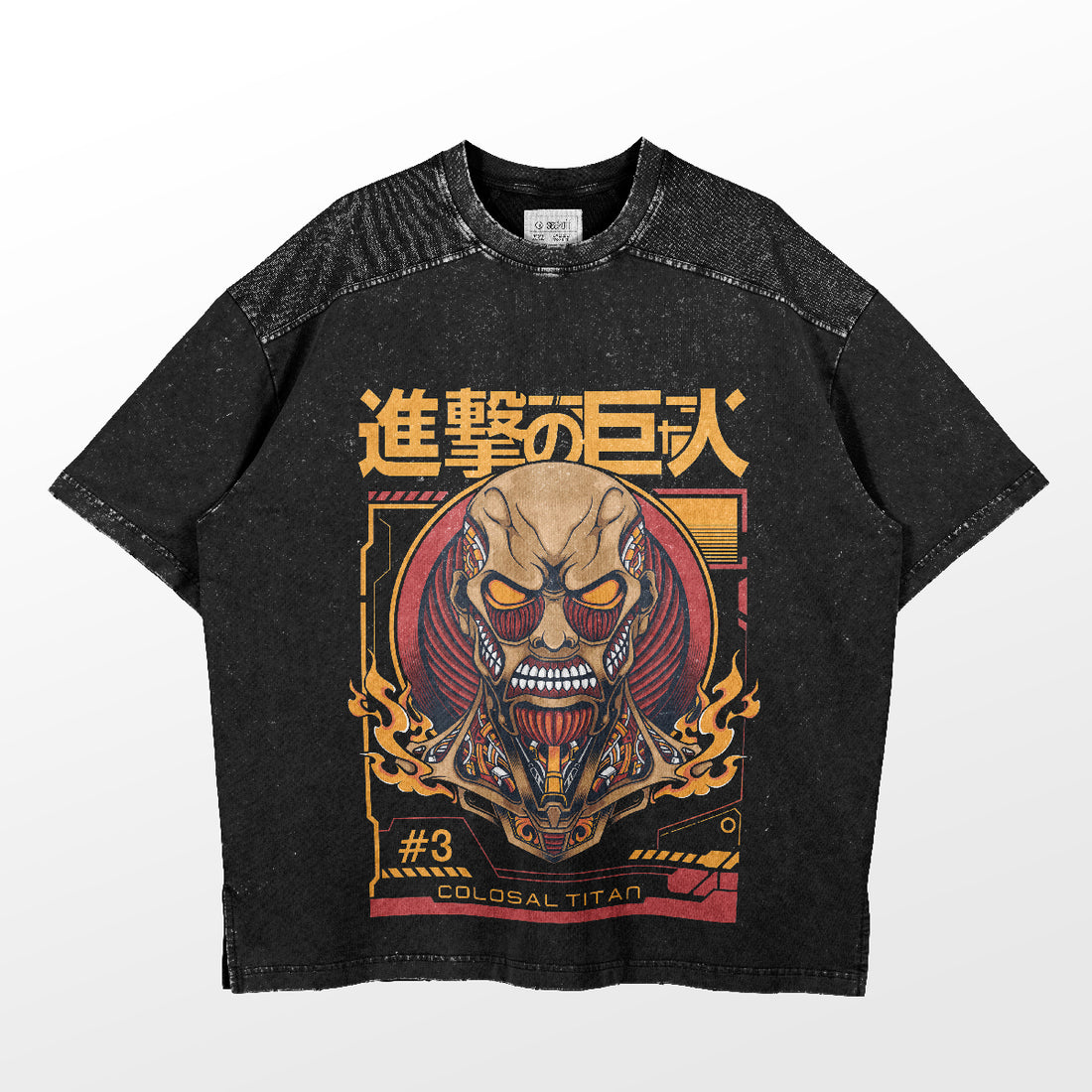 The Attack on Titan-Inspired T-shirt, &quot;Inferno Might&quot; design, is an oversized washed black tee featuring a humanoid with a flaming muscular face, Japanese text, and &quot;Colossal Titan,&quot; enhanced by speckled shoulder patterns.