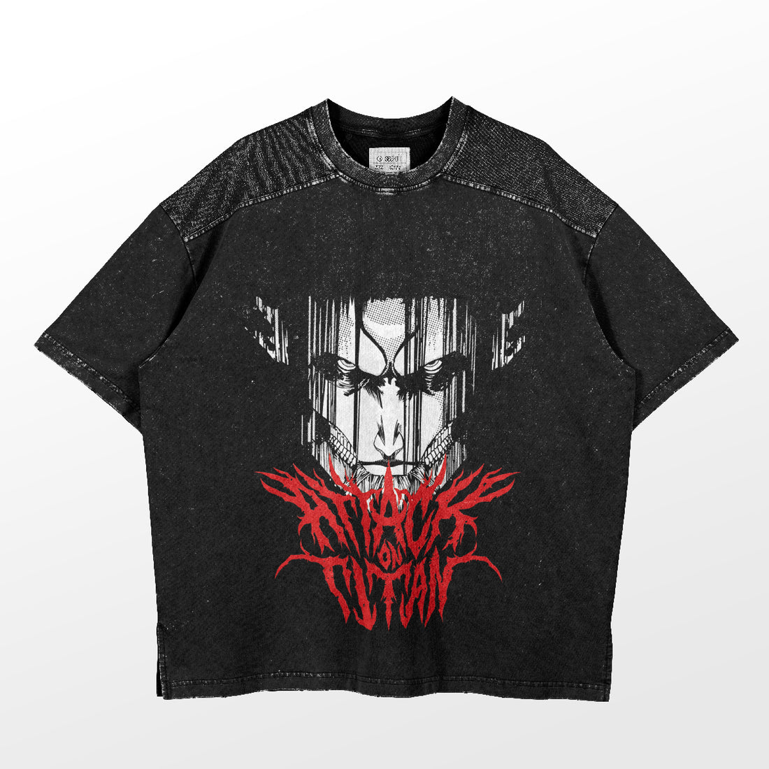 The Attack on Titan-Inspired Graphic T-Shirt features a stylized face with pointed ears resembling Eren Yeager, surrounded by red jagged text. The washed black oversized tee&