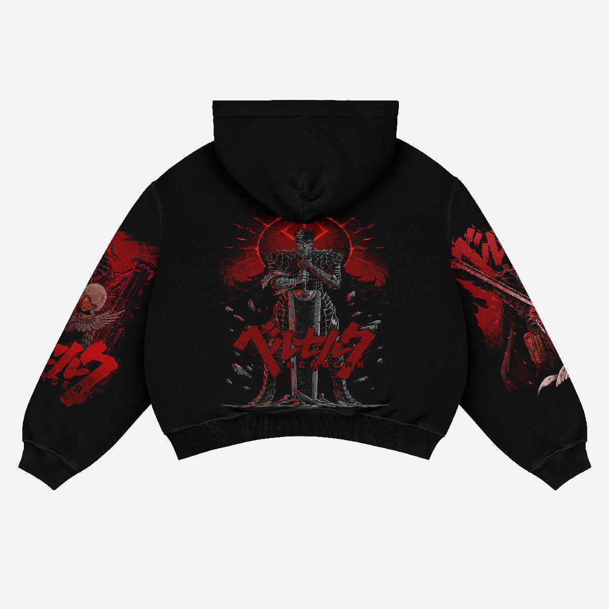 The black Berserk Anime Hoodie – Guts Graphic Design features two knights embracing under a red sun on the back, ideal for anime apparel fans. Red and white graphics inspired by Guts adorn the sleeves, with stylized text enhancing the right arm.