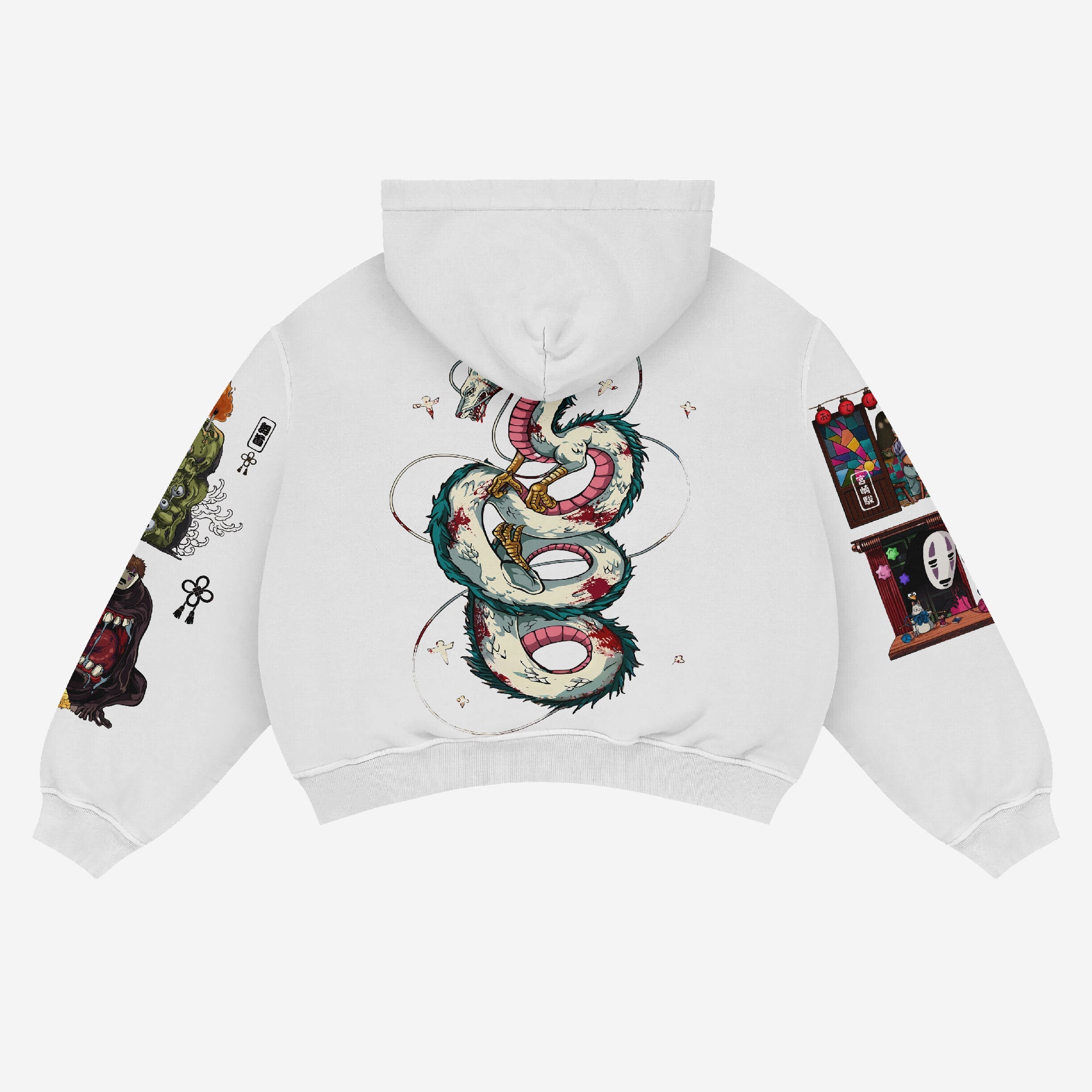 This oversized white 360 GSM Spirited Away Anime Hoodie features a green and red Haku dragon design reminiscent of anime artwork, with vibrant sleeve art depicting a creature on the left and a Chihiro scene in a window on the right, capturing Spirited Away's essence.